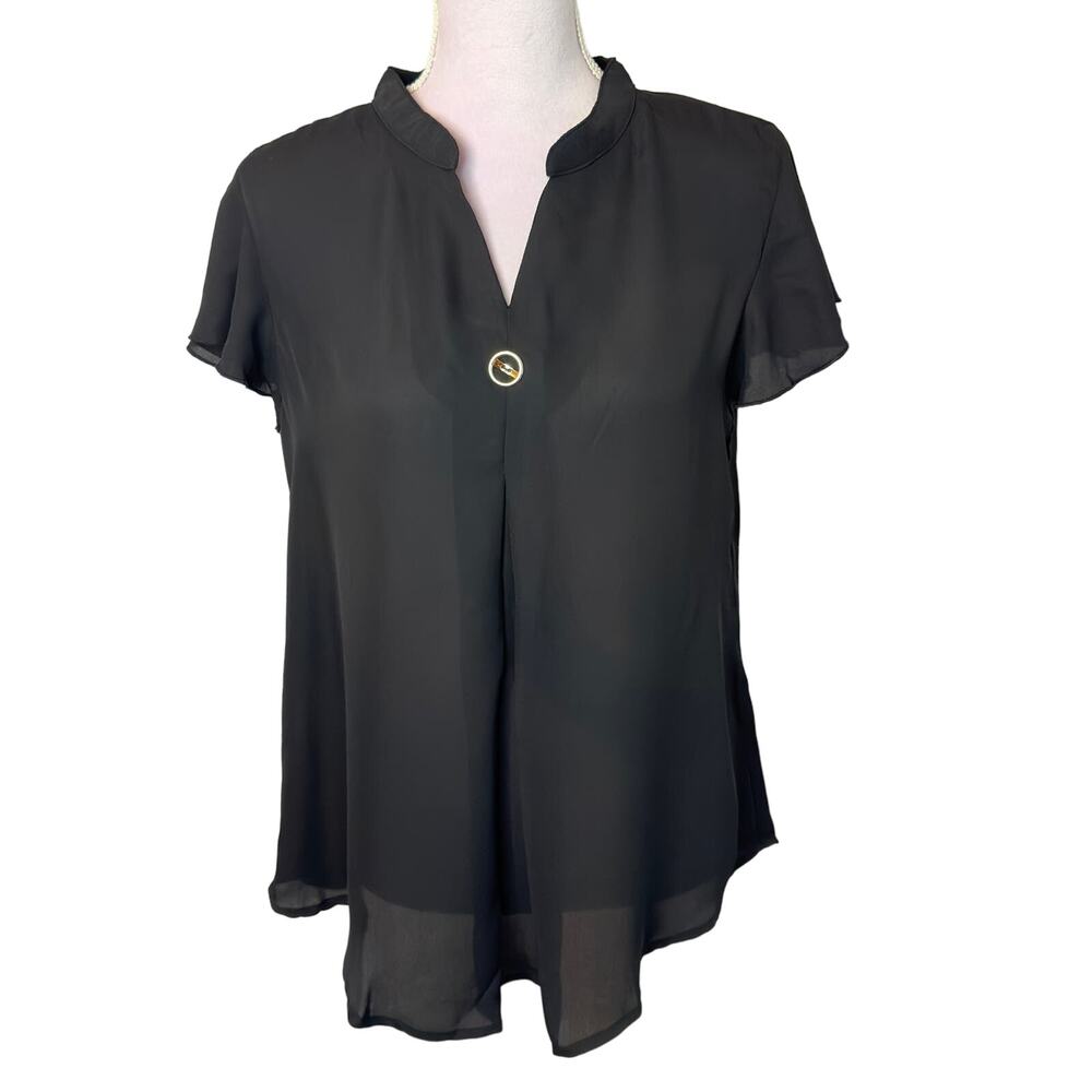 NWT Black Flutter Sleeve V Neck Blouse Sz M